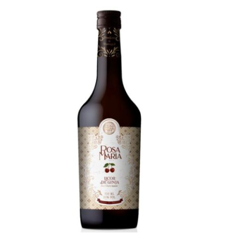 LICOR DE GINJA ROSA MARIA COM FRUTO 0.70L em uma garrafa decorativa
