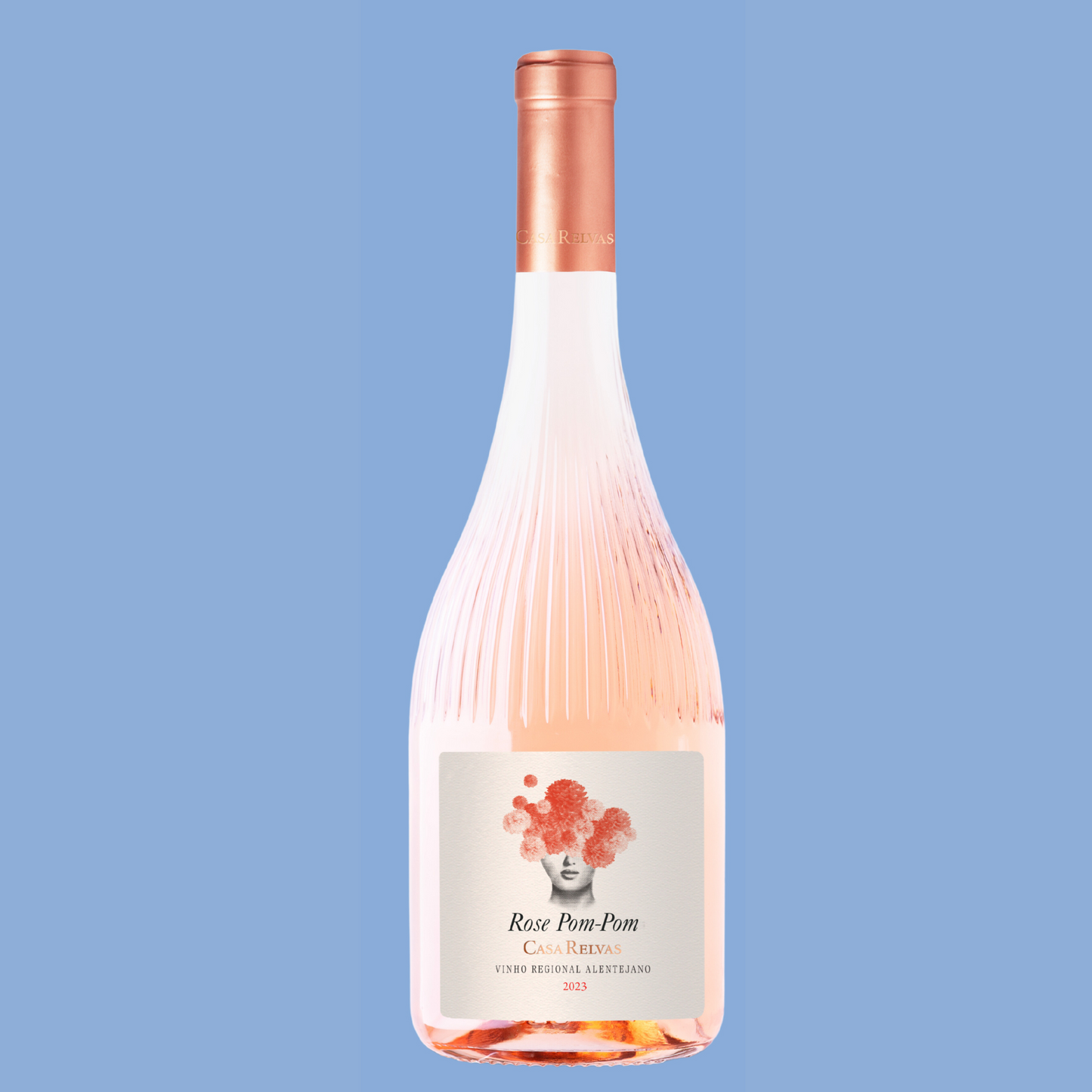 CASA RELVAS POM POM 2024 1.5L rosé wine bottle with a stylish label on a blue background.