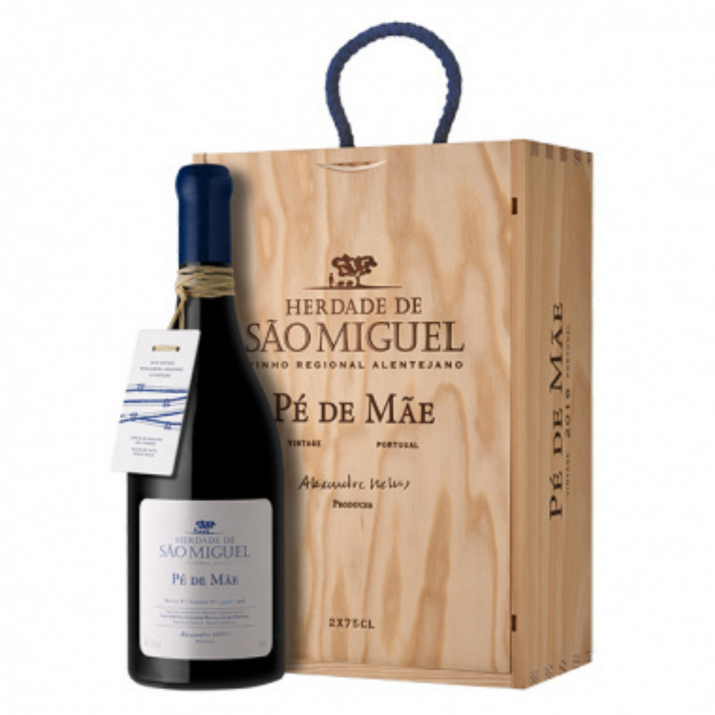 Herdade de São Miguel Pé de Mãe 2023 0.75 wine bottle and wooden box from Portugal.