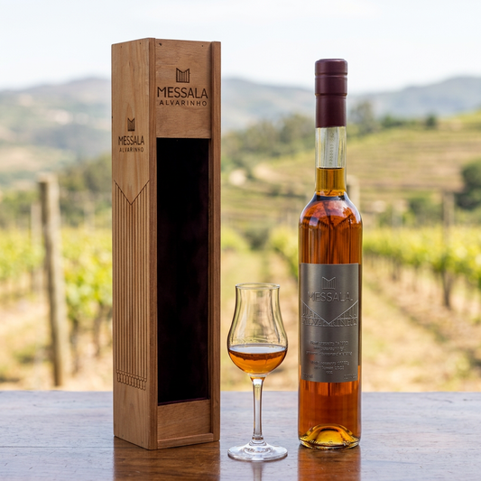 Aguardente Velha Alvarinho Messala em ambiente comercial