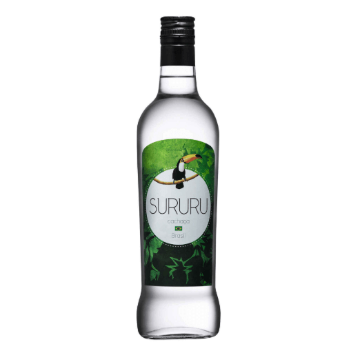Cachaça do Brasil Sururu 1LT - Garrafa de cachaça transparente com rótulo verde e toucan.