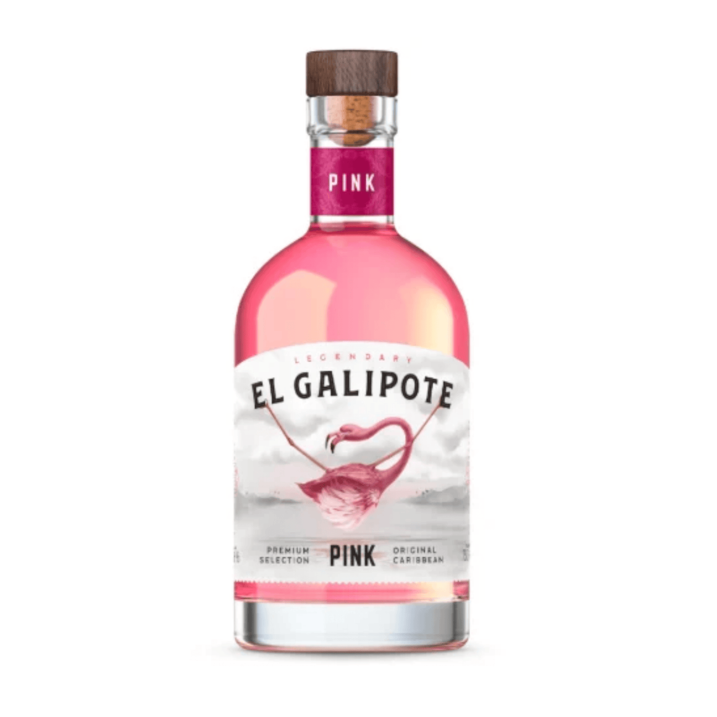 Garrafa de El Galipote Rum das Caraíbas Pink 0.70L, com design elegante e cor rosa vibrante.