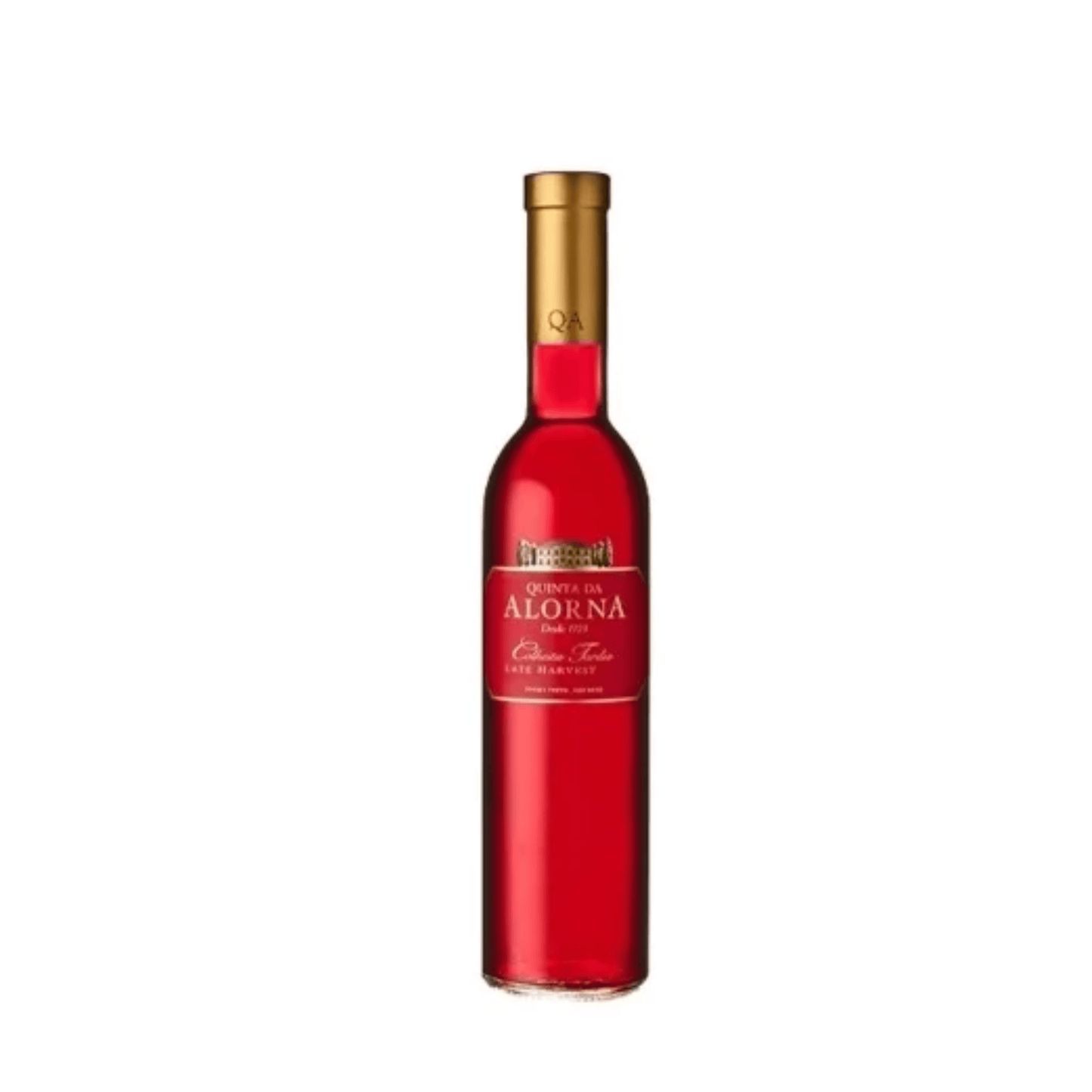 Quinta da Alorna Colheita Tardia Tinto 2013 0.375 garrafa de vinho tinto com rótulo vermelho.