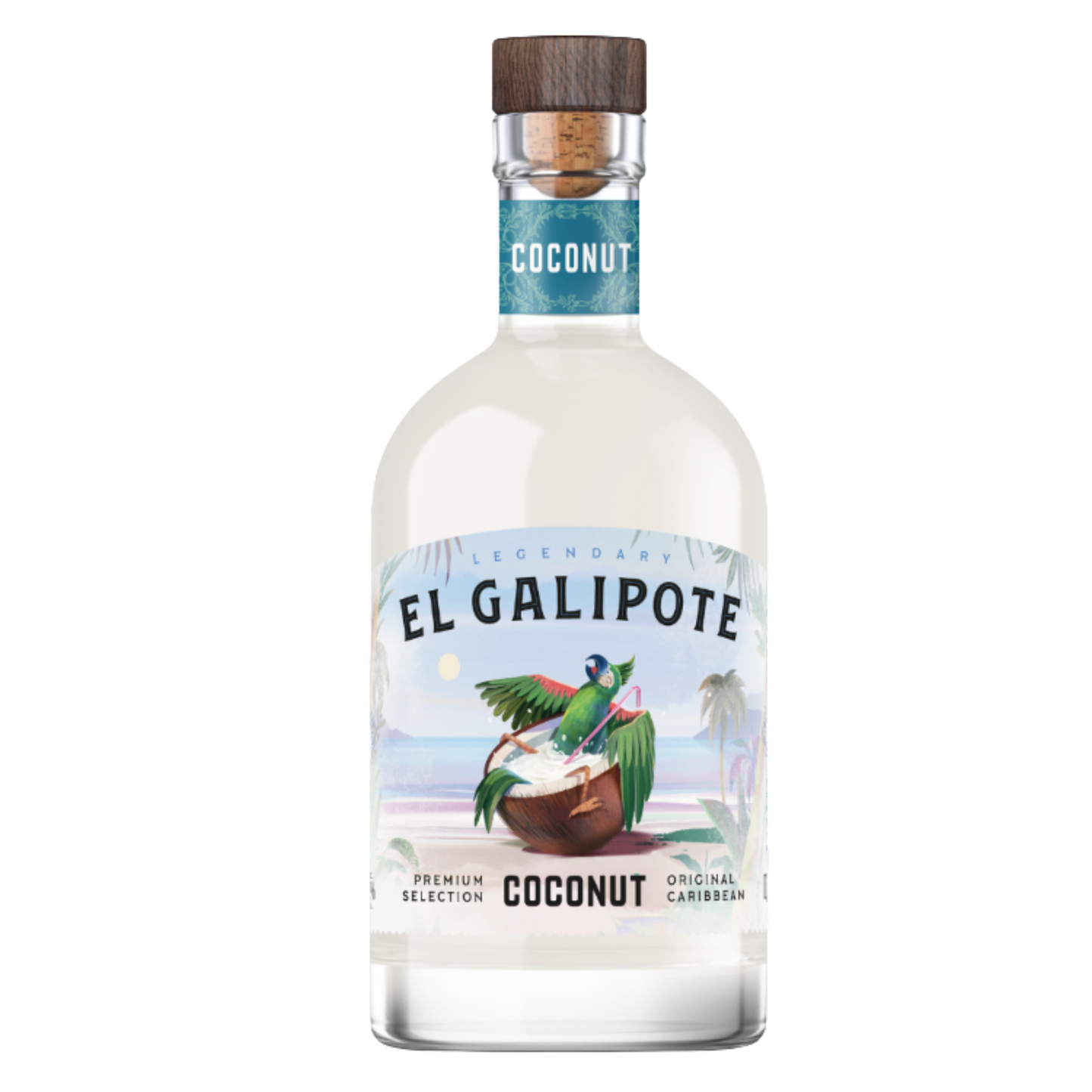 LICOR EL GALIPOTE COCONUT RUM 0.70L com rótulo colorido e embalagem elegante, destacando sabores tropicais.