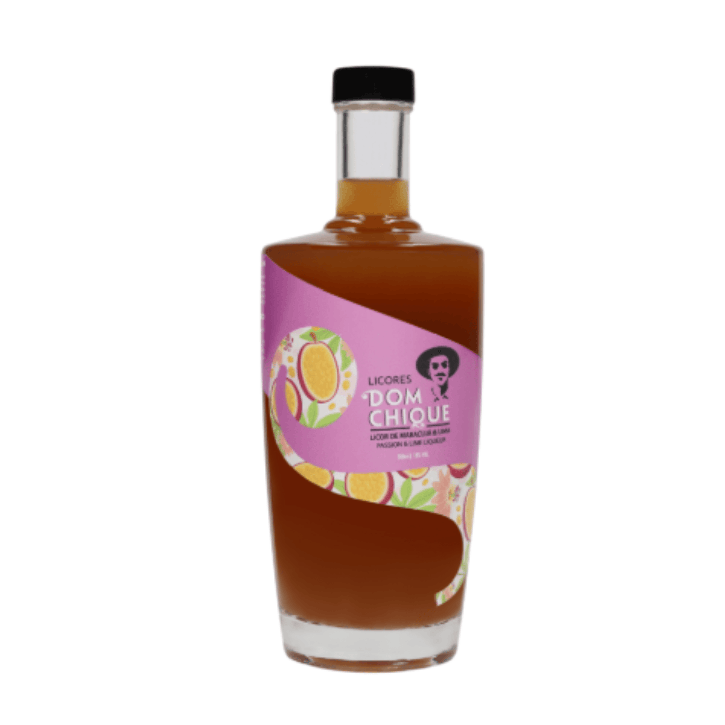 LICOR DE MARACUJÁ E LIMA DOM CHIQUE 0.50 em embalagem elegante com rótulo colorido.