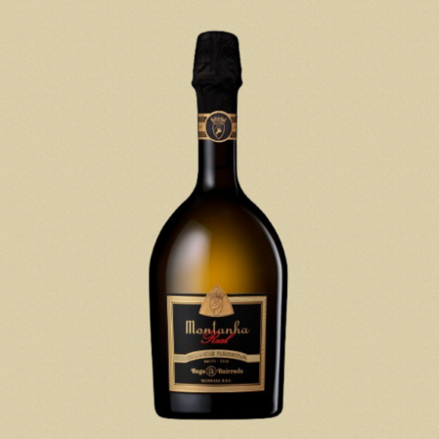 ESPUMANTE MONTANHA REAL BAGA GRANDE RESERVA BRUTO 0.75L na embalagem elegante com rótulo dourado e detalhes sofisticados.