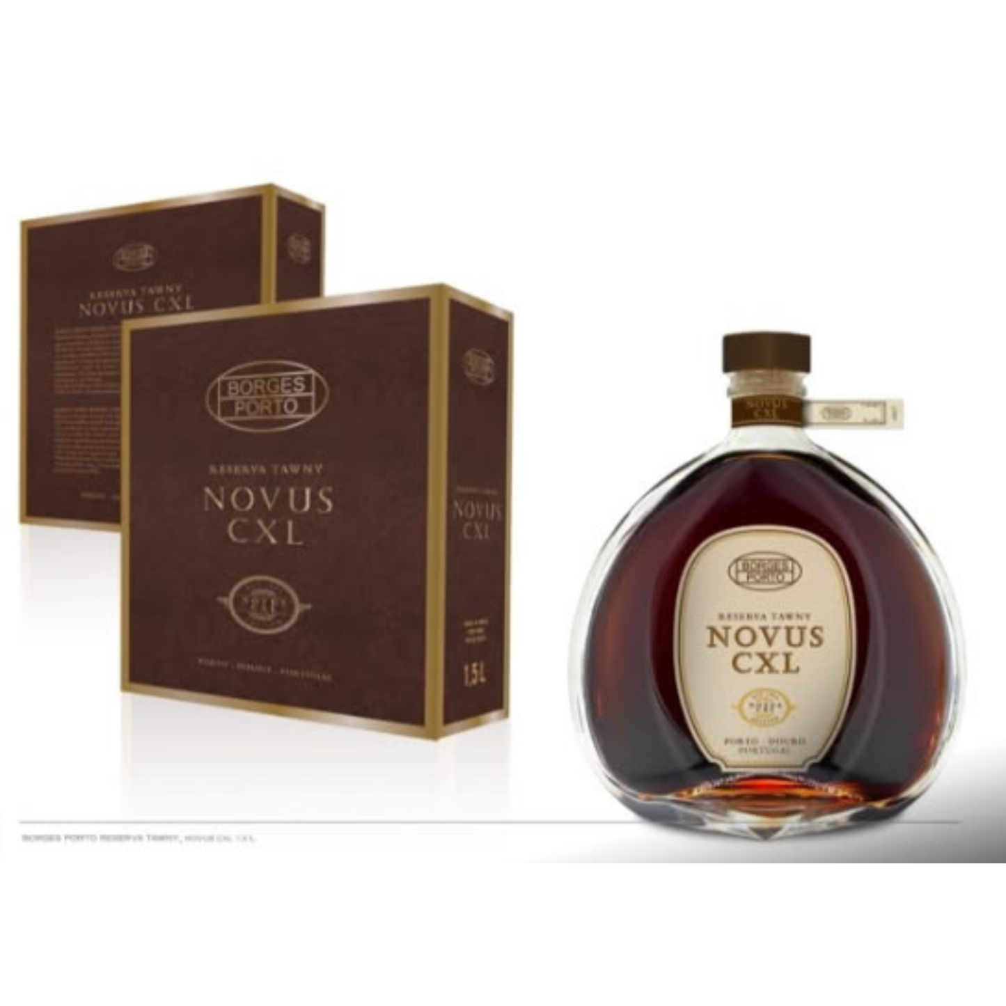 Vinho do Porto Borges Reserva Tawny Novus CLX 1.50L com embalagem, garrafa elegante e rótulo destacando a marca.