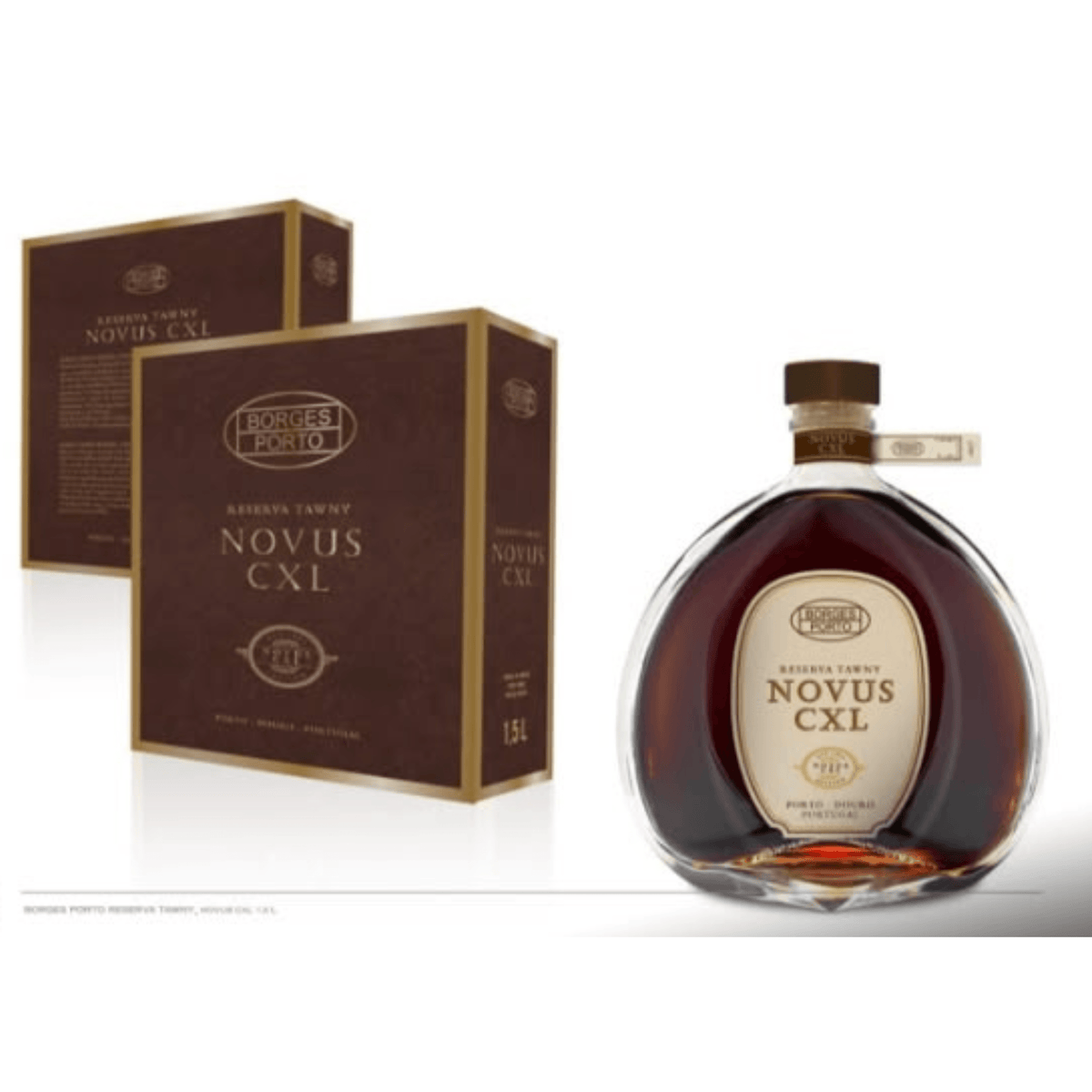 Vinho do Porto Borges Reserva Tawny Novus CLX 1.50L com embalagem, garrafa elegante e rótulo destacando a marca.