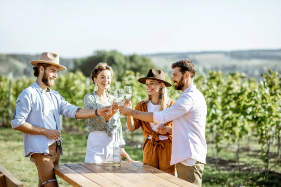 Grupo de amigos brindando em uma vinícola, explorando Lisboa Descubra os Vinhos da Região.
