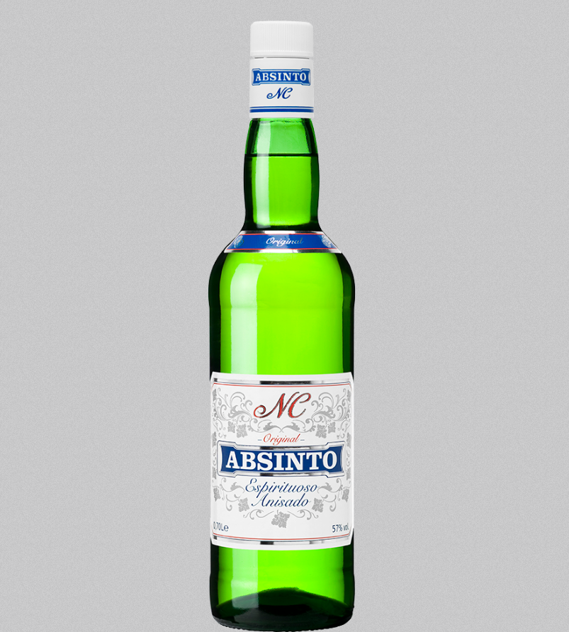 Garrafa de ABSINTO N.C. 0.70L, bebida espirituosa de Portugal, com rótulo branco e verde.