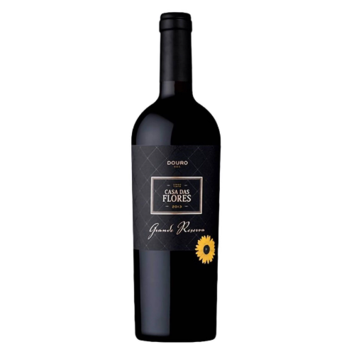 CASA DAS FLORES TINTO GRANDE RESERVA 2020 0.75 garrafa de vinho tinto do Douro, com rótulo preto elegante.