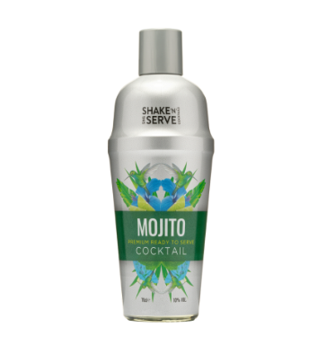 COCKTAIL SHAKEN SERVE MOJITO 0.70 em embalagem prateada, pronta para servir, com rótulo verde e azul.