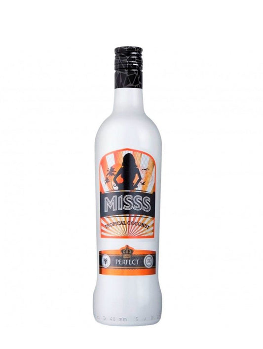 LICOR MISS TROPICAL COCONUT 0.70L em garrafa branca com design colorido e etiqueta destacando o sabor tropical.