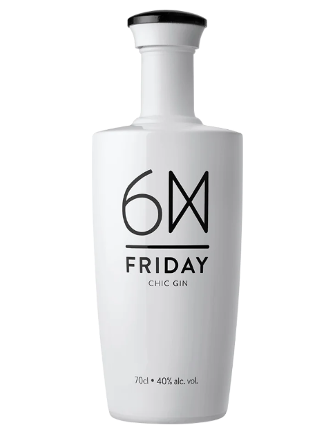 Foto de GIN FRIDAY 0.70L, garrafa branca de gin com rótulo elegante, volume de 70cl e teor alcoólico de 40%.