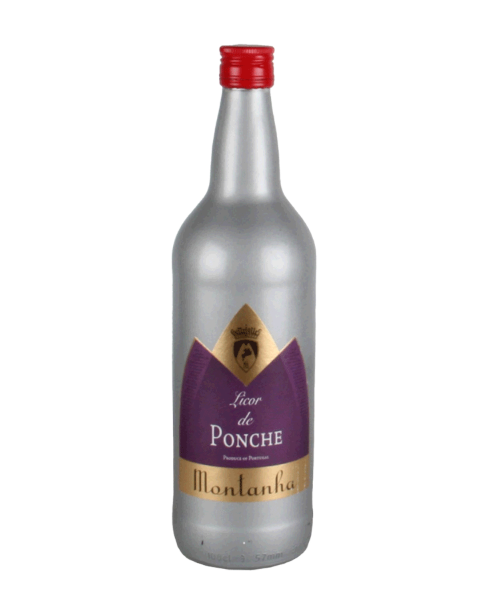 LICOR DE PONCHE MONTANHA 1L em garrafa prateada com tampa vermelha, produzido em Portugal.