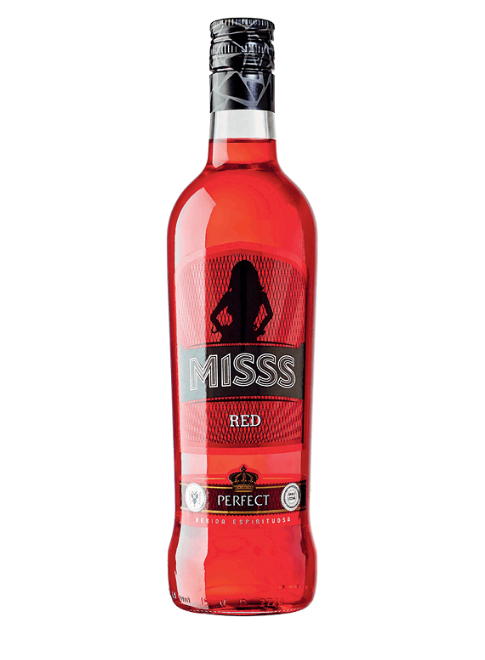 VODKA MISSS RED 0.70L - garrafa de vodka com rótulo vermelho e detalhes em preto, produzida em Portugal.