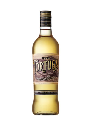 RUM GOLD TORTUGA CAVES MONTANHA 0.70L - 37.5º em garrafa de vidro, destacando seu rótulo e cor dourada.