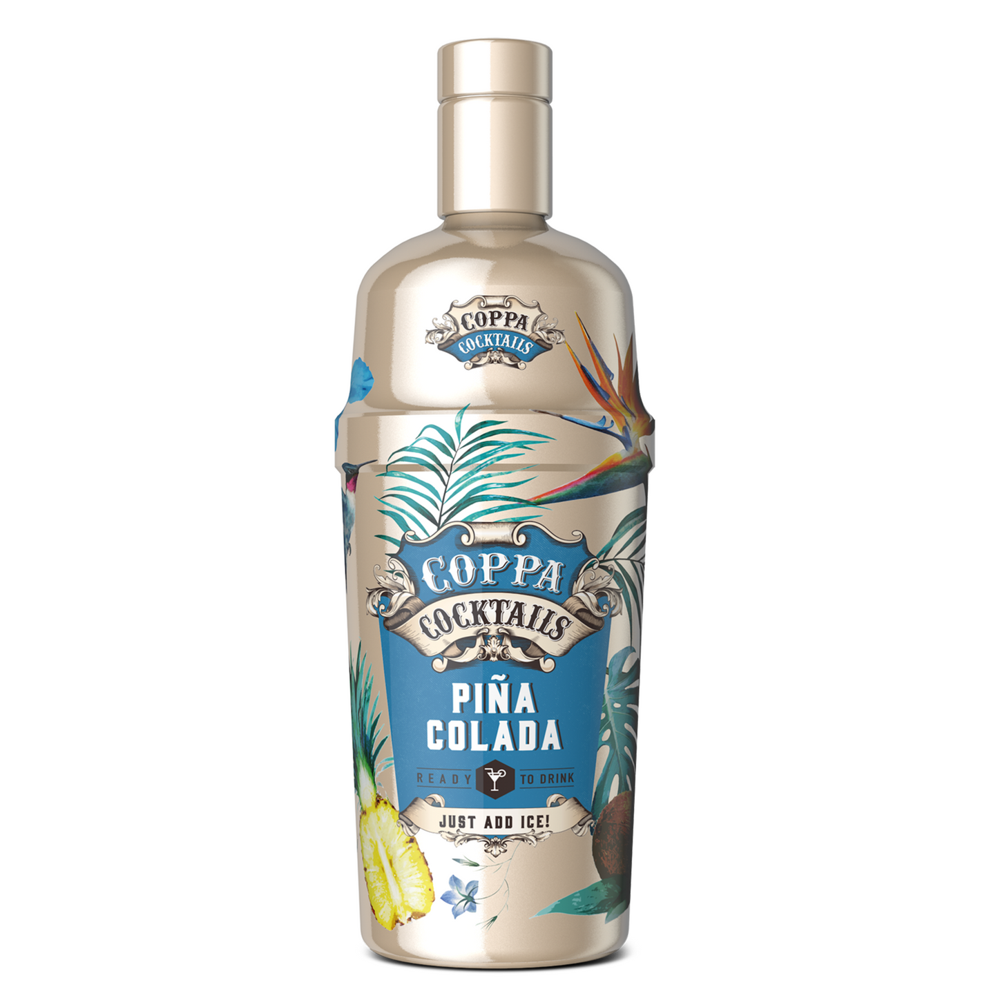 COPPA COCKTAIL PINA COLADA 0.70 - embalagem de cocktail pronta para beber, decoração tropical com abacaxi e coco.