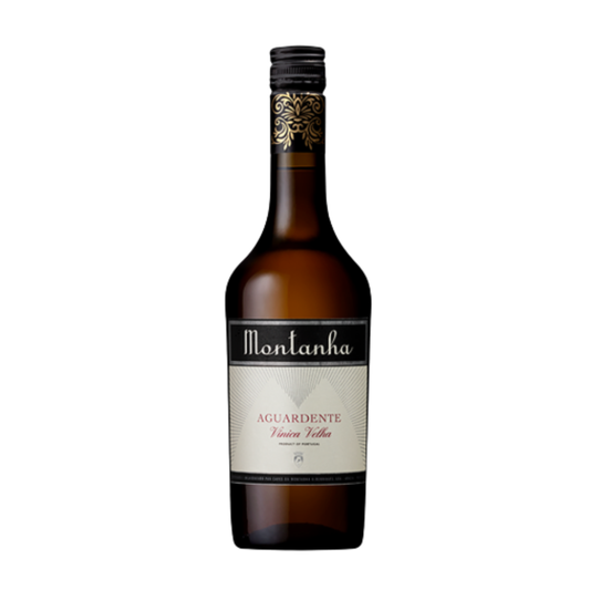 Garrafa de AGUARDENTE VÍNICA VELHA MONTANHA 0.70 com rótulo elegante e tampa dourada.