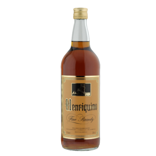 BRANDY HENRIQUINO 1L 36º em garrafa de vidro transparente com rótulo elegante.