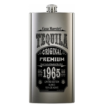Casa Maestri Flask Spirits Tequila 0.70 em frasco de aço inoxidável, design premium e edição limitada.