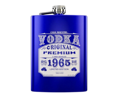 Casa Maestri Flask Spirits Vodka 0.20 em frasco azul, destilada 5 vezes, ideal para cocktails.
