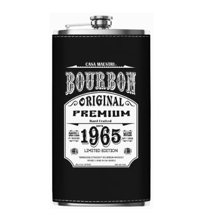 Casa Maestri Flask Spirits Bourbon 0.7, cantil em aço inoxidável, edição limitada com design vintage.