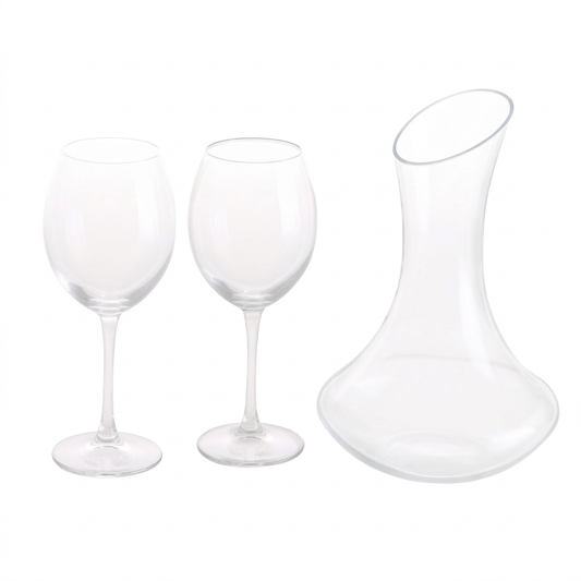 Conjunto Enoteca com decanter e dois cálices em fundo branco