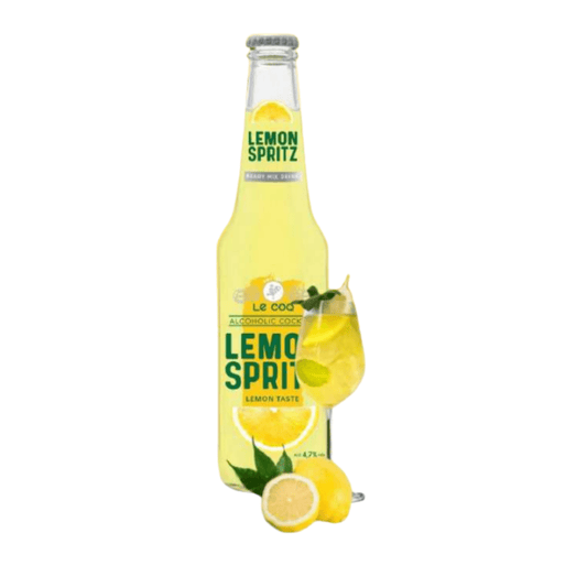 LeCoq Cocktail LEMON SPRITZ 0.33L em garrafa com copo de cocktail e limões frescos.