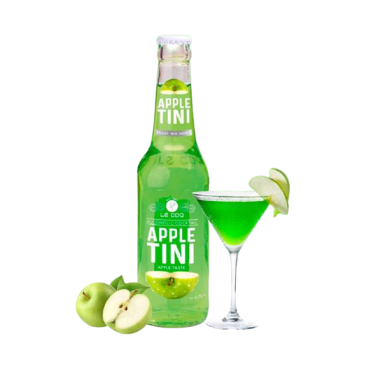 LeCoq Cocktail Appletini 0.33L com maçãs verdes e um copo de cocktail na mesa.