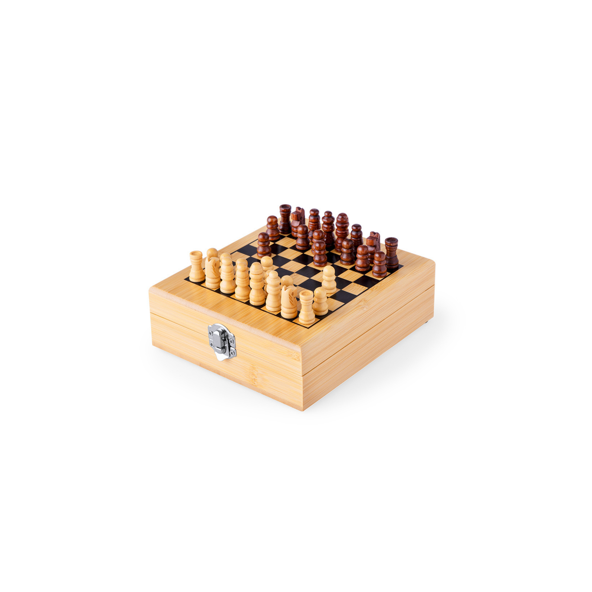 Conjunto de Servir Vinho em Caixa de Jogo de Xadrez com tabuleiro e peças de xadrez em madeira.