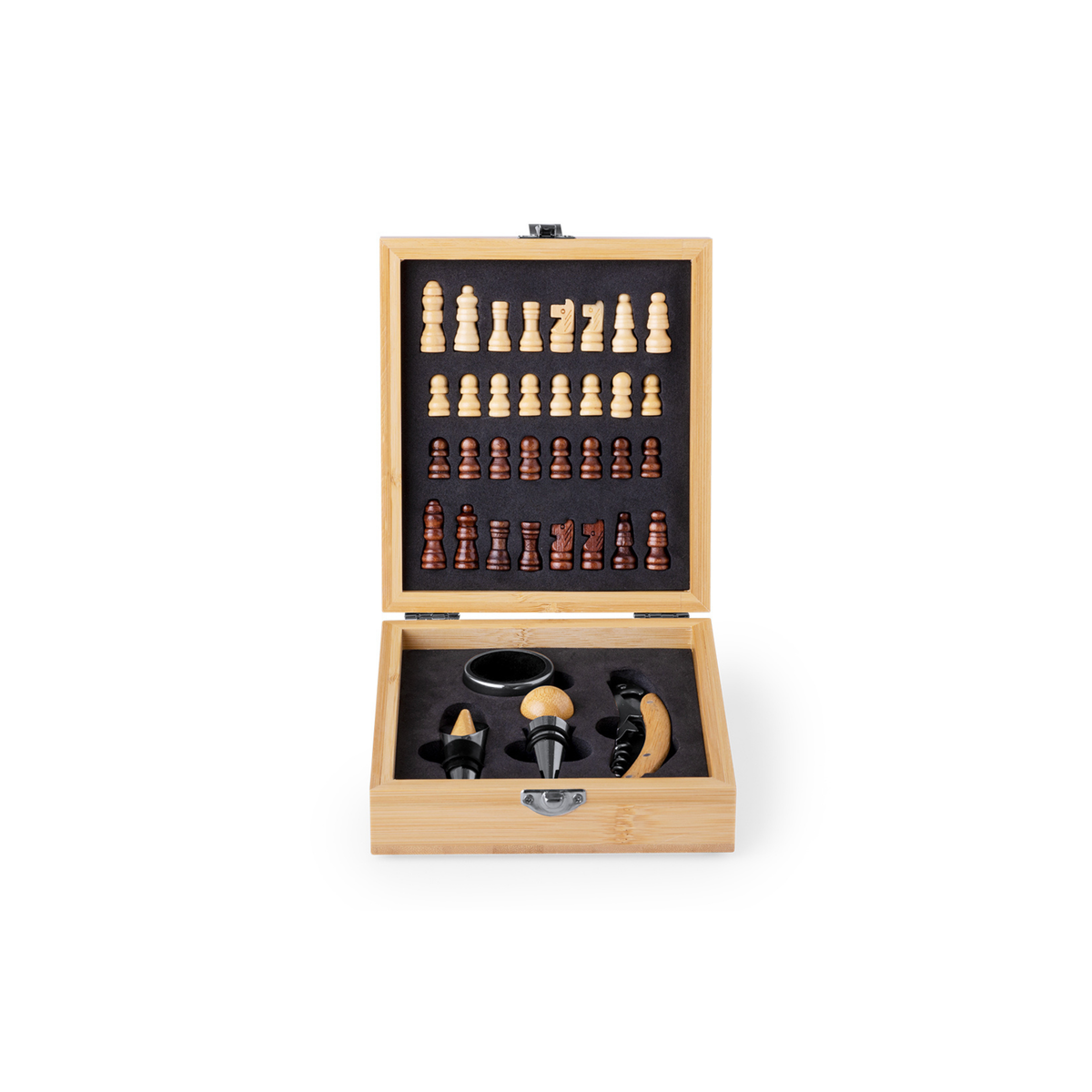 Conjunto de Servir Vinho em Caixa de Jogo de Xadrez com acessórios em aço inoxidável e pega em bambu.