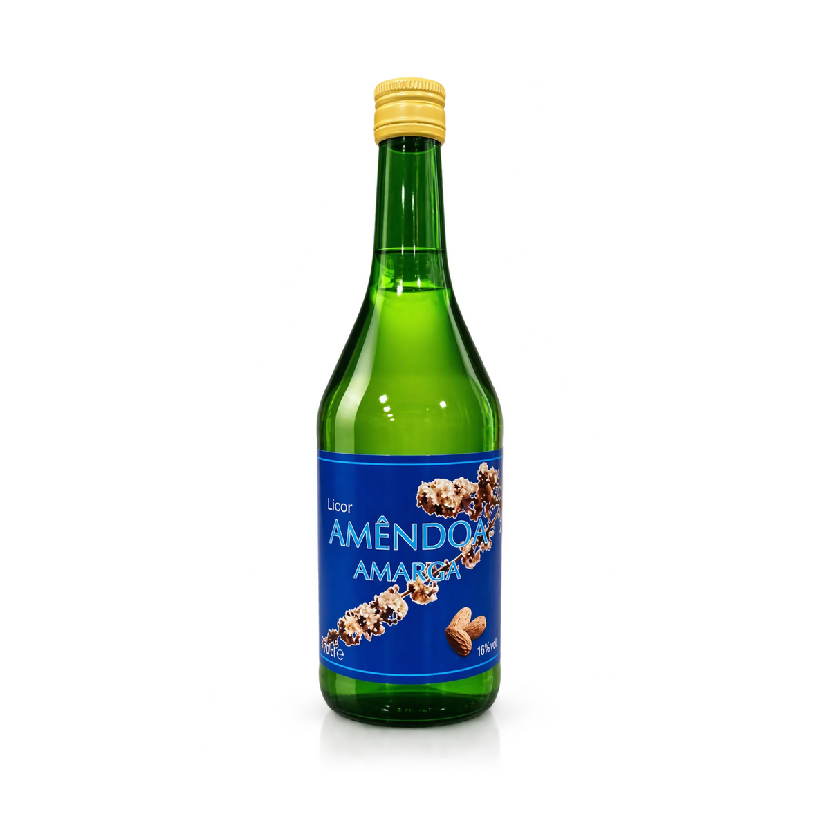 Amêndoa Amarga Cabecinho 0.70LT em garrafa verde, com rótulo azul destacando amêndoas.