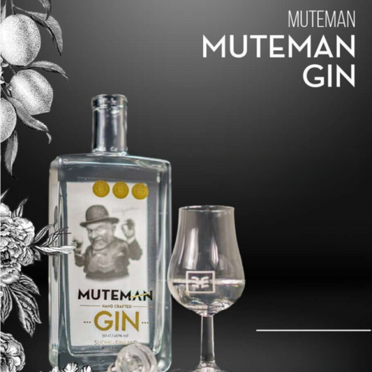 Garrafas e copo de Muteman Premium Dry Gin 0.50lts, gin artesanal da Finlândia.