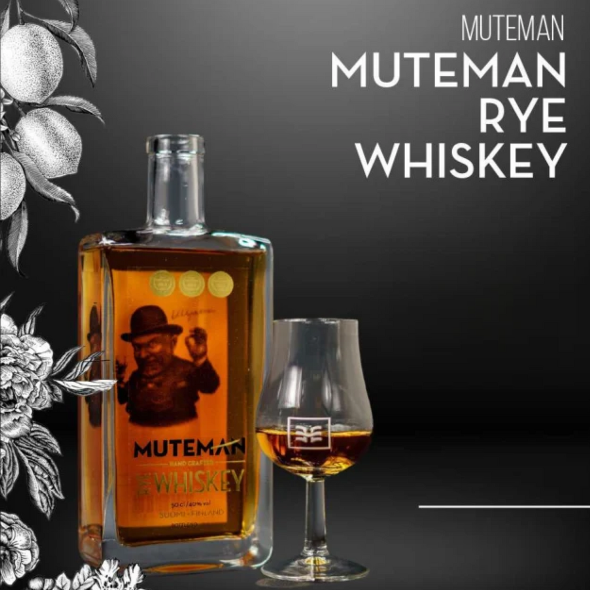 Muteman Premium Rye Whiskey 0.50l com um copo, destilado na Finlândia, sabor suave e equilibrado.
