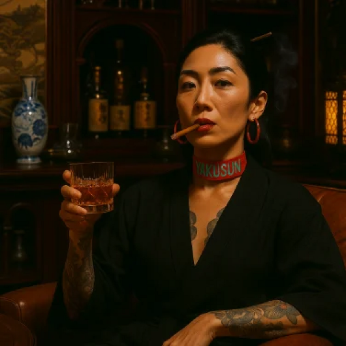 Imagem de uma mulher com vestuário tradicional segurando um copo de whiskey, com a promoção do Yakusun Passion Fruit Whiskey Spirit Drink 0.70L.