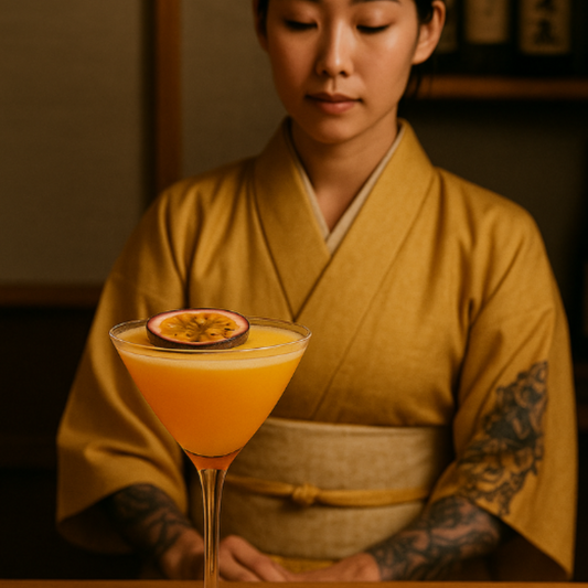 Cocktail de maracujá com Yakusun Passion Fruit Whiskey Spirit Drink 0.70L, servido por mulher em quimono.