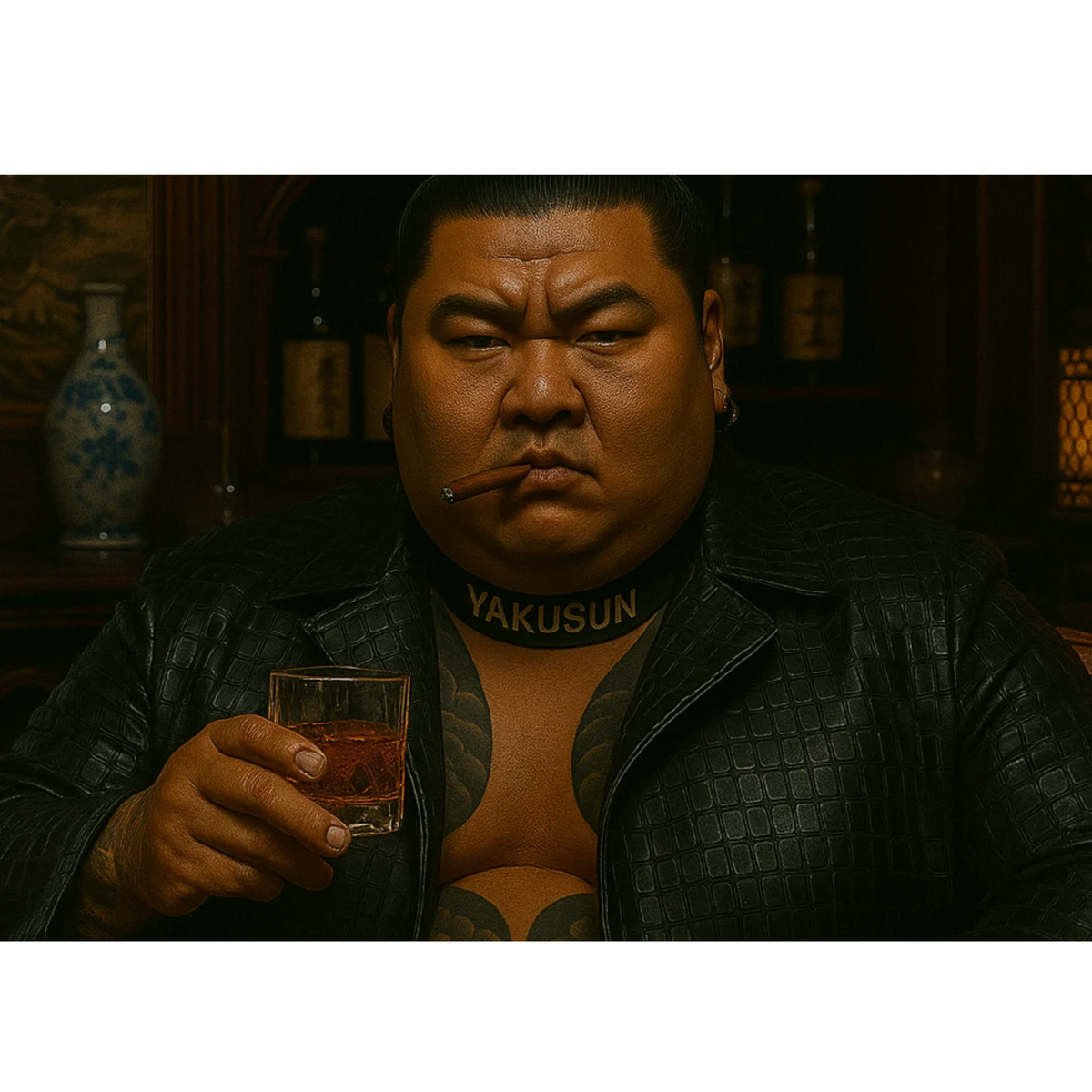 Homem a segurar um copo de Yakusun Yuzu Whiskey Spirit Drink 0.70L, com tatuagens e um cigarro, em ambiente rústico.