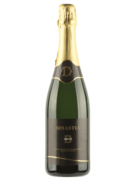 ESPUMANTE DINASTIA BRUTO 0.70L, garrafa elegante com rótulo preto e dourado, produzido em Portugal.