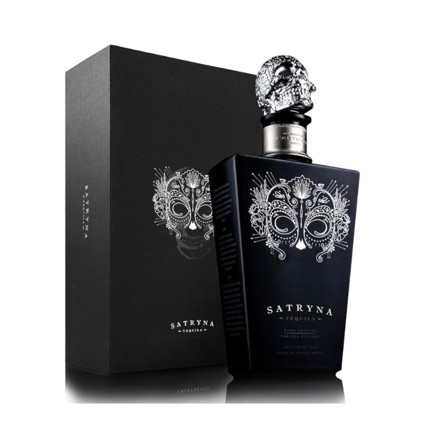 Satryna Tequila Cristalino 0.7 com Caixa Oferta, garrafa elegante com tampa em forma de caveira.