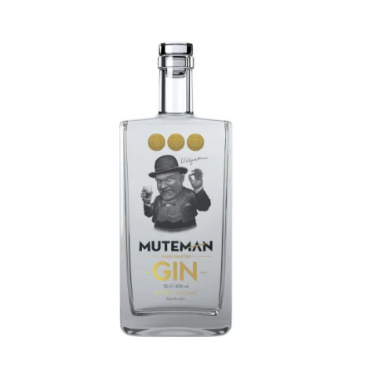 Garrafa de Muteman Premium Dry Gin 0.50lts com ilustração do criador, destacando a qualidade do gin.