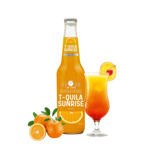 LeCoq Cocktail TEQUILA SUNRISE 0.33L em garrafa com copo e laranjas ao lado, ideal para festas.