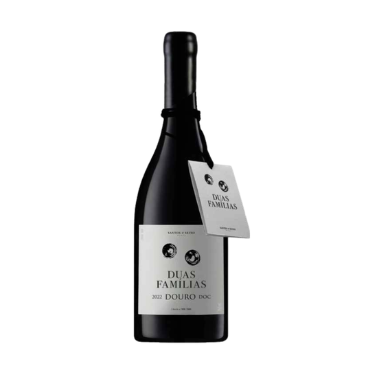 DUAS FAMÍLIAS DOURO VINHO TINTO 0.75 garrafa de vinho tinto com rótulo e tag identificando a origem e produtor