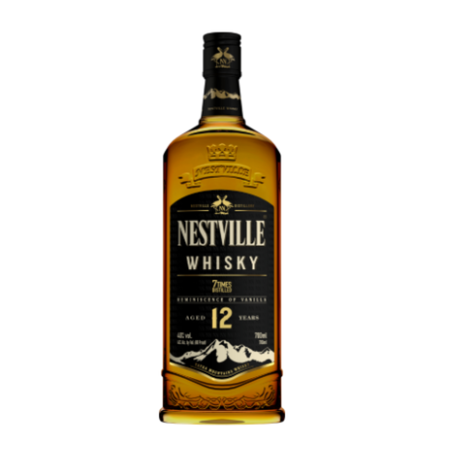 NESTVILLE WHISKY BLENDED 12YO 0.70L, garrafa de whisky envelhecido por 12 anos, sabor rico e aromático.