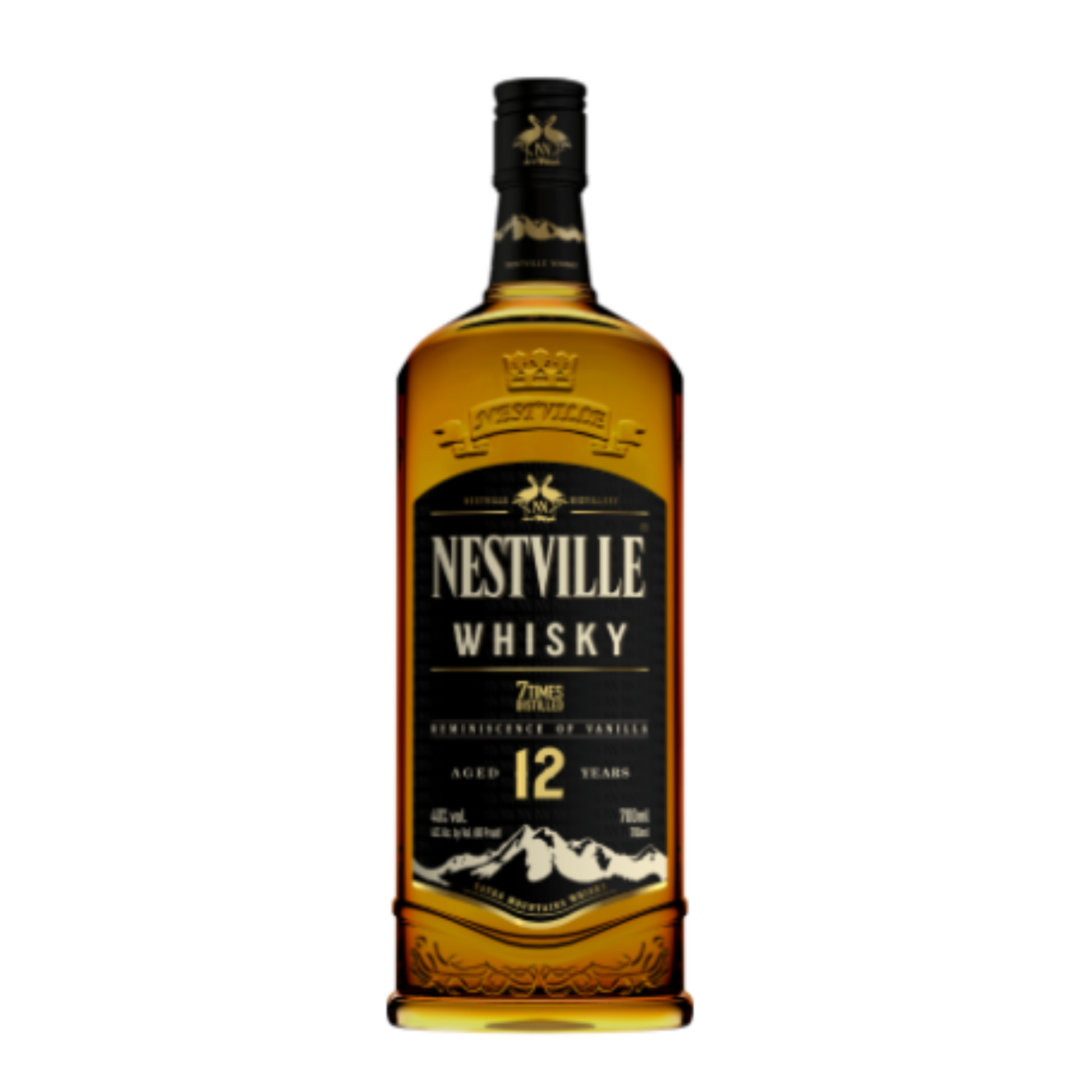 NESTVILLE WHISKY BLENDED 12YO 0.70L, garrafa de whisky envelhecido por 12 anos, sabor rico e aromático.