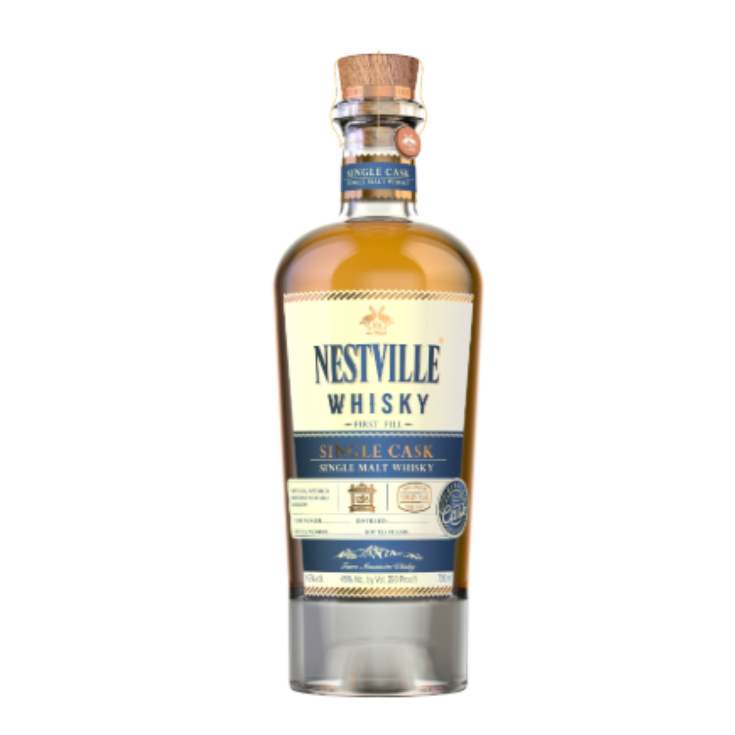 NESTVILLE WHISKY SINGLE MALT SINGLE CASK BOX 0.70L garrafa com rótulo destacado e tampa de cortiça.