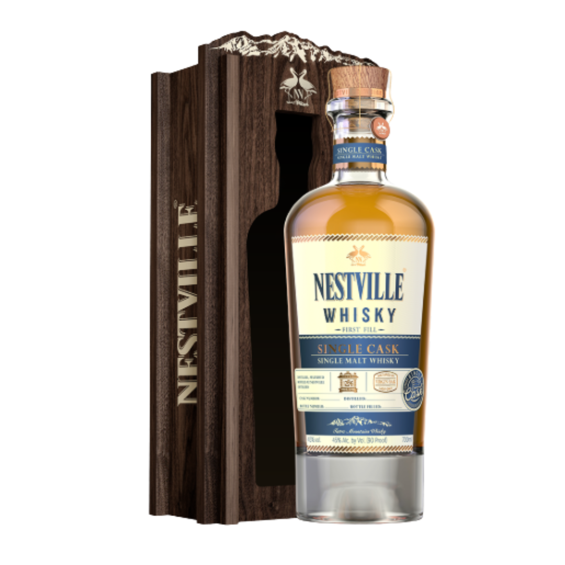NESTVILLE WHISKY SINGLE MALT SINGLE CASK BOX 0.70L com embalagem de madeira, garrafa de whisky premium.