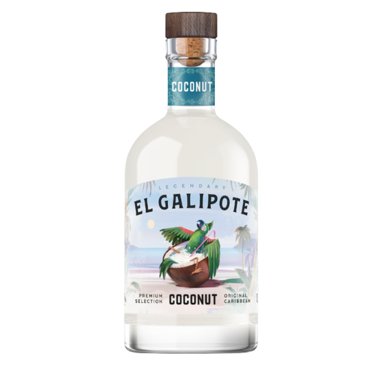 LICOR EL GALIPOTE COCONUT RUM 0.70L com rótulo colorido e embalagem elegante, destacando sabores tropicais.