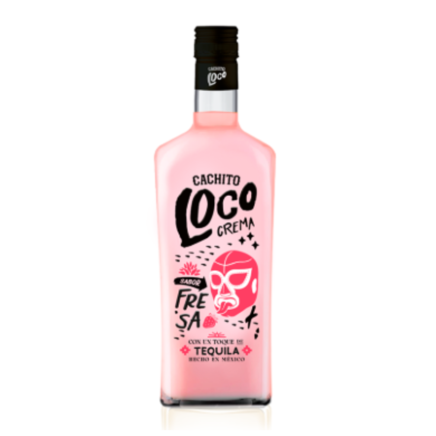 CACHITO LOCO CREME TEQUILA MORANGO 0.70 garrafa rosa com rótulo colorido e desenho de máscara, 700ml.