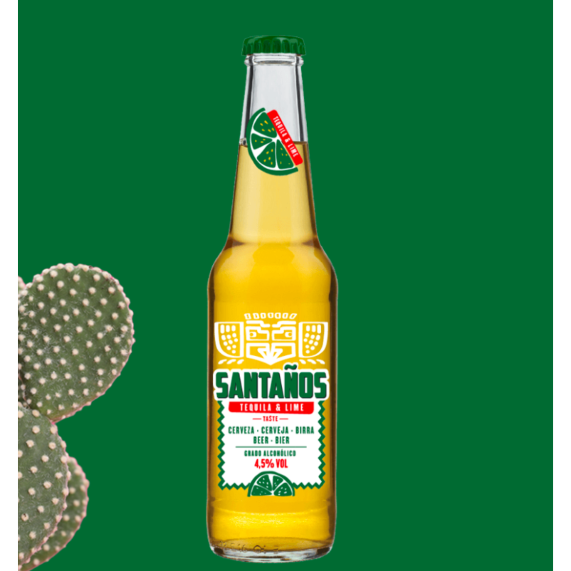 CERVEJA SANTAÑOS TEQUILA & LIME 0.33 em garrafa, com sabor a tequila e lima, teor alcoólico 4.5%.